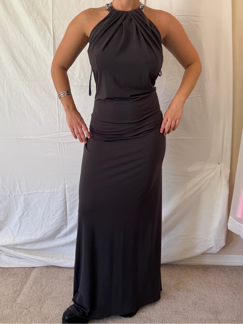 Vera Wang Lavender Label Sequin Elegant Black Halter Maxi Dress